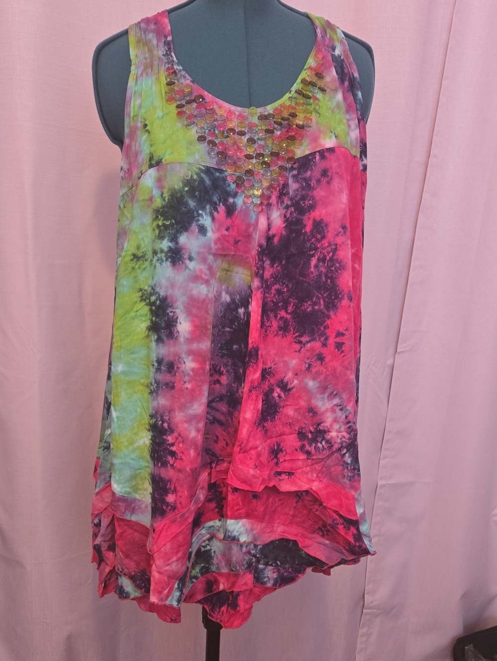 Denim 24/7 Pink and Green Tie-Dye Sleeveless Tunic with Sequin Neckline